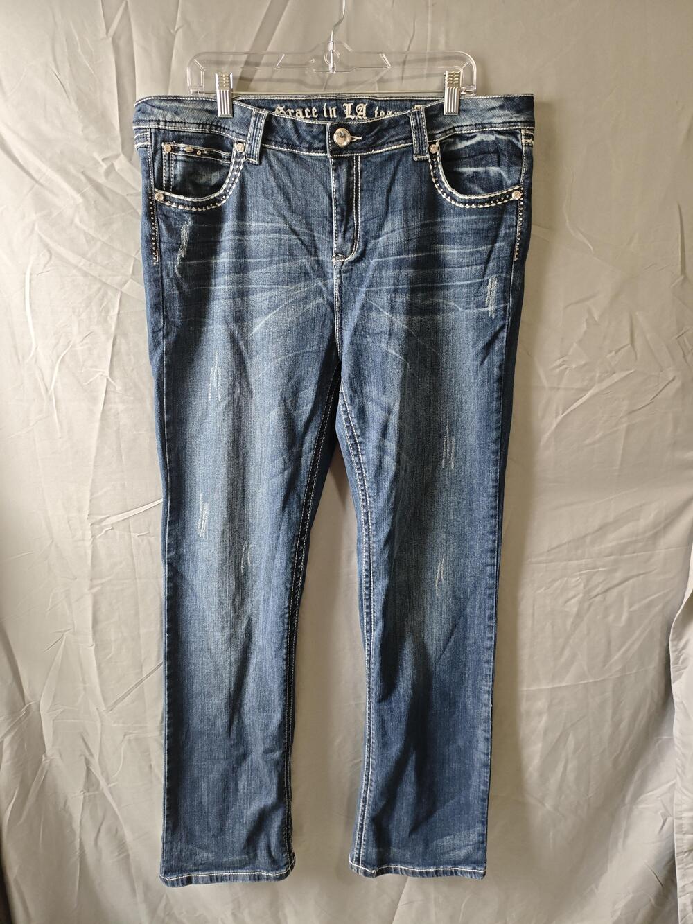 Grace In LA Jeans Womens 19 Straight Leg Distressed Rhinestone Pockets Denim Pan